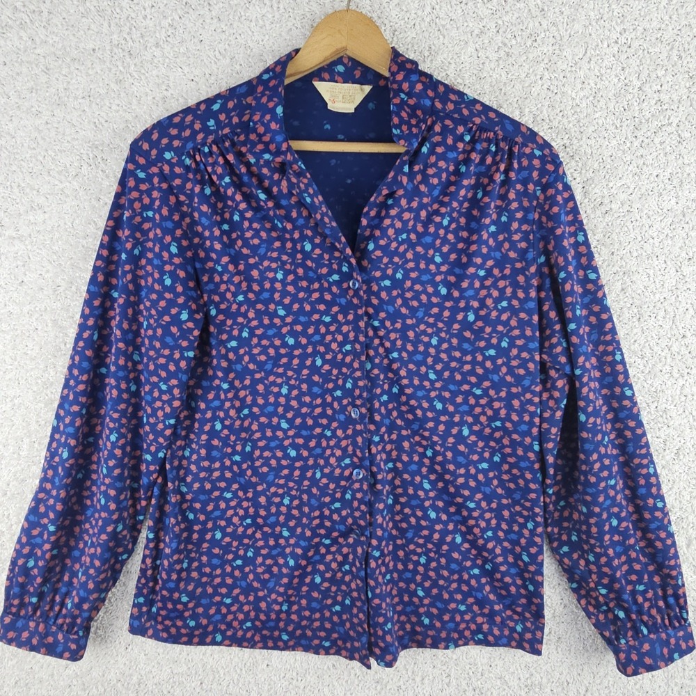 Vintage Sears Blue Tulip Perma Prest Button Shirt Size L, 29 70s All Over Print - Picture 1 of 14